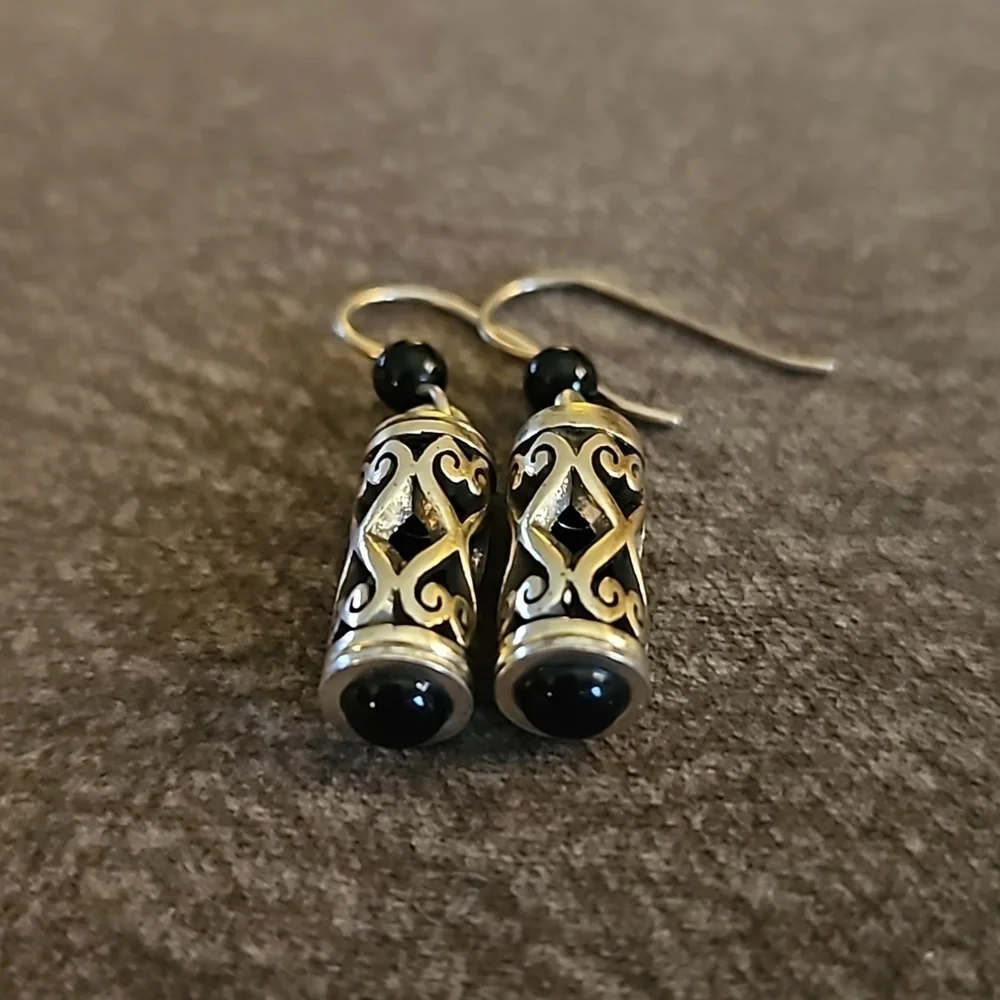 BRIGHTON Silver Plated Barrel Scroll Beaded Dangle Hook Earrings